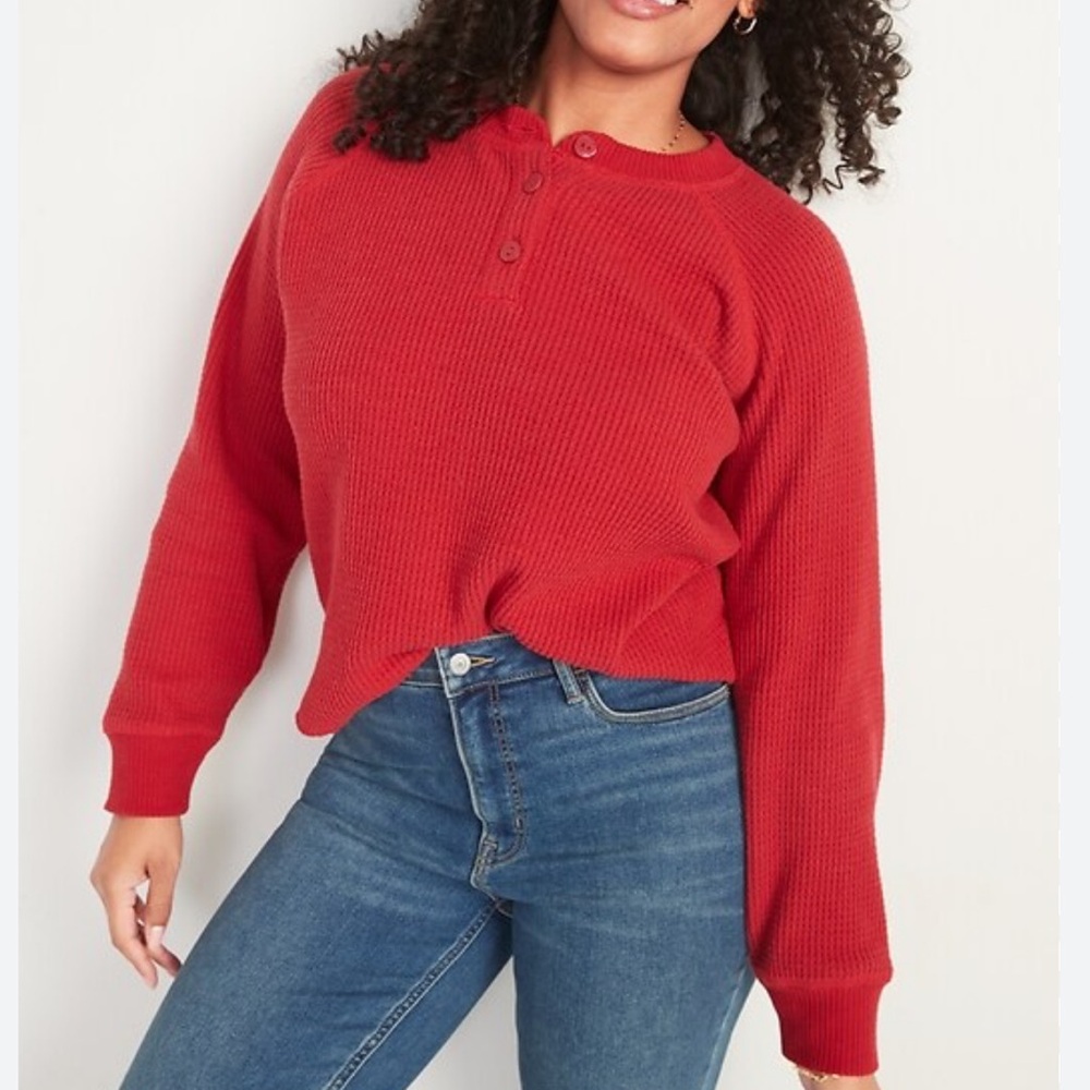 Old Navy Coral Waffleknit Oversized Cropped Boho Athleisure Henley Top Size XXL